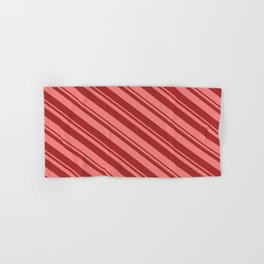 [ Thumbnail: Light Coral & Brown Colored Lined/Striped Pattern Hand & Bath Towel ]