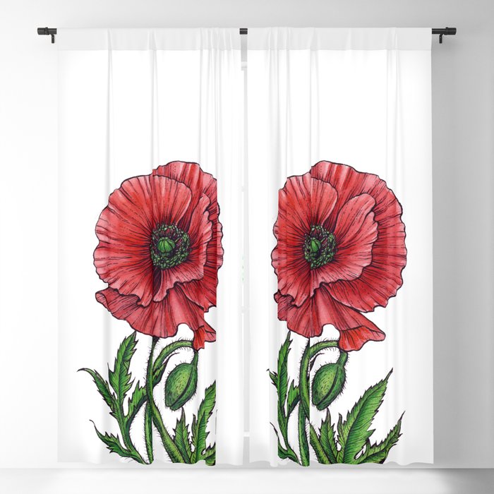 Red poppy, watercolor and ink Blackout Curtain