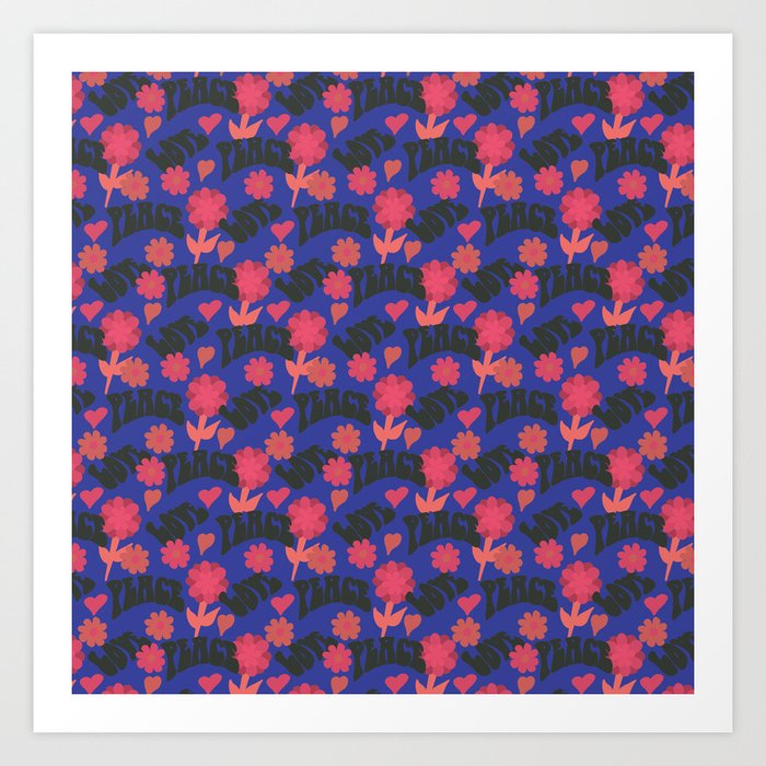 Retro Floral pink + blue Art Print