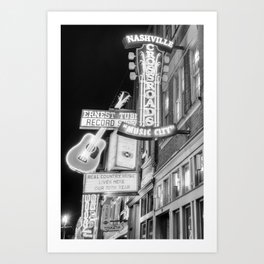 Nashville Music City Vintage Neons - Black And White Art Print