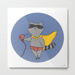 Louie the raccoon pretends to be a superhero Metal Print | Illustration, Children, Animal, Funny 