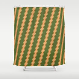 [ Thumbnail: Dark Olive Green & Brown Colored Stripes/Lines Pattern Shower Curtain ]