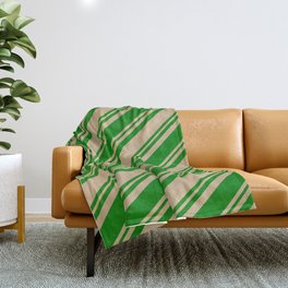 [ Thumbnail: Tan and Green Colored Lined Pattern Throw Blanket ]