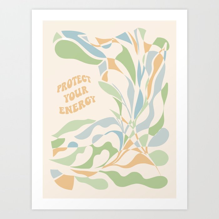 PROTECT YOUR ENERGY with Liquid retro abstract pattern in blue, green and cream Art Print