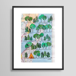 Door County, WI Forest with tent Continuous Line Drawing on vintage map Framed Art Print
