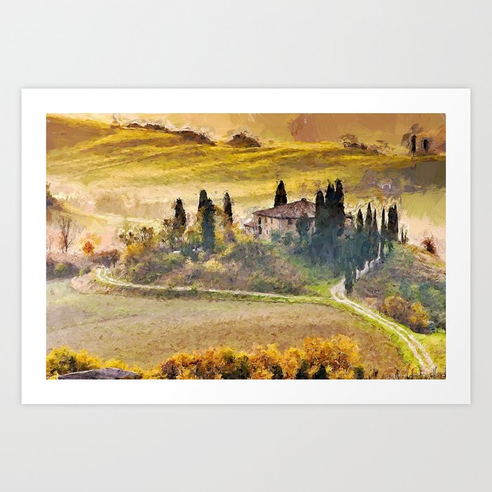 Italian Villa, Rolling Hills and Vineyards of Tuscany, Italy landscape painting Art Print
