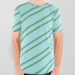 [ Thumbnail: Turquoise, Sea Green, and Dark Grey Colored Striped Pattern All Over Graphic Tee ]