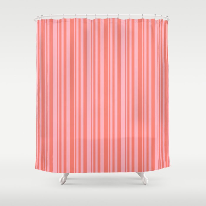 Salmon and Light Pink Colored Lined Pattern Shower Curtain