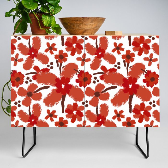 Red Orange Bold Abstract Flowers  Credenza