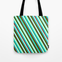 [ Thumbnail: Eyecatching Aquamarine, Dark Turquoise, Brown, Green, and Mint Cream Colored Pattern of Stripes Tote Bag ]