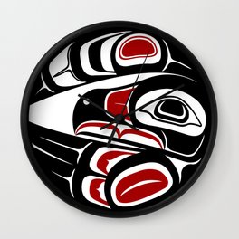 Raven Moon, formline circle, native indigenous art, pacific northwest, first nations, traditional design, sun, bird, thunder, eagle, crow, haida, salish Wall Clock