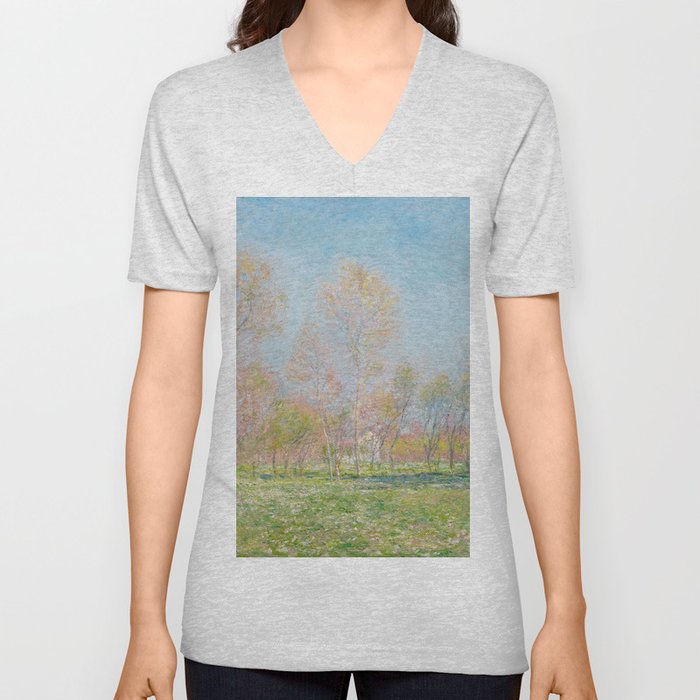 Claude Monet's Spring in Giverny (1890) famous painting V Neck T Shirt