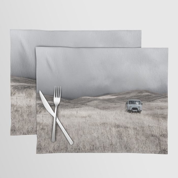 Landscape of foggy cloudy mountains - Armenia car field nature | Travel photography Placemat