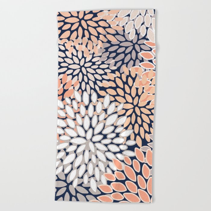 Floral Prints, Navy, Coral, Peach and Gray, Abstract Art, Coloured Prints Beach Towel