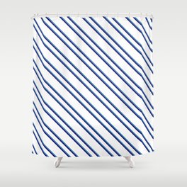 [ Thumbnail: White, Blue & Midnight Blue Colored Striped Pattern Shower Curtain ]
