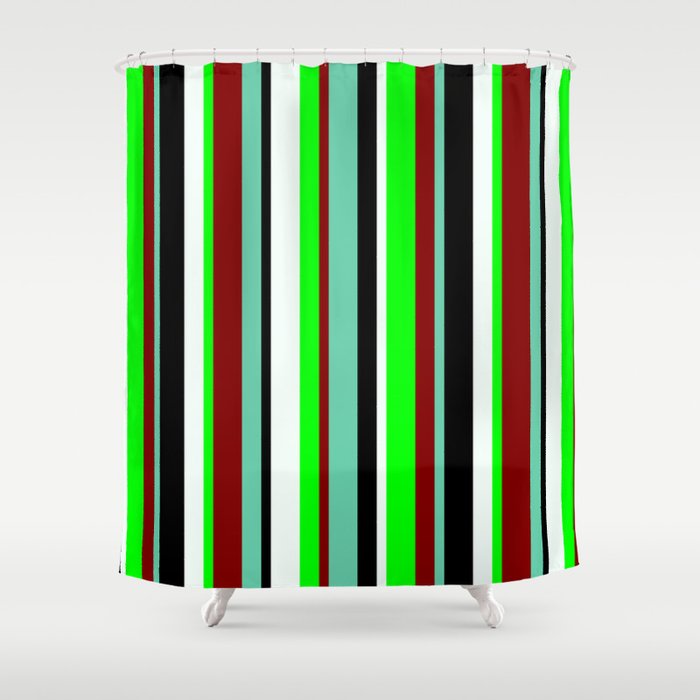 Eyecatching Aquamarine, Maroon, Lime, Mint Cream & Black Colored Lined/Striped Pattern Shower Curtain