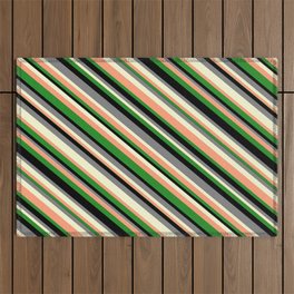 [ Thumbnail: Eye-catching Gray, Light Yellow, Light Salmon, Forest Green & Black Colored Striped Pattern Outdoor Rug ]
