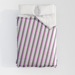 [ Thumbnail: Dim Gray, Orchid & Mint Cream Colored Lines Pattern Comforter ]