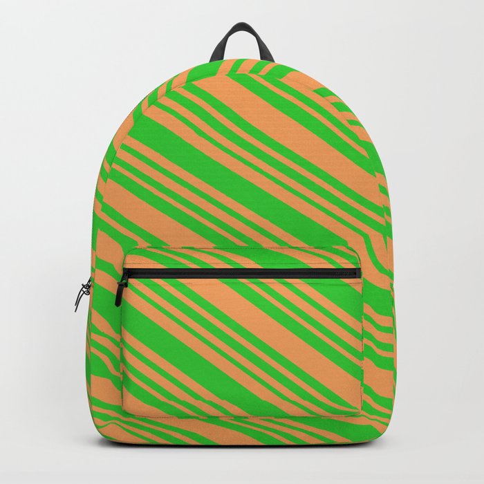 Brown & Lime Green Colored Striped/Lined Pattern Backpack