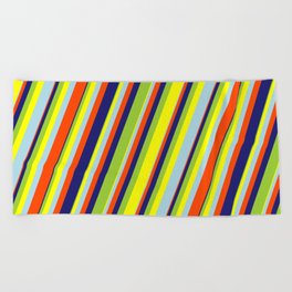 [ Thumbnail: Eye-catching Green, Yellow, Light Blue, Red & Midnight Blue Colored Lines/Stripes Pattern Beach Towel ]
