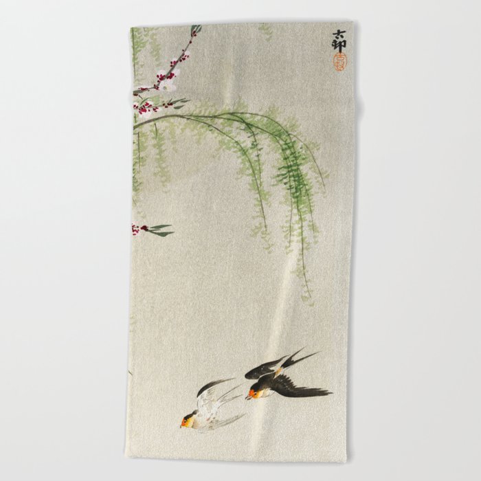 Swallows mid flight - Vintage Japanese Woodblock Print Art Beach Towel