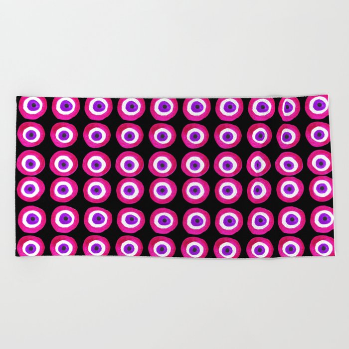 Evil Eye Amulet Talisman in Pink on Black Beach Towel