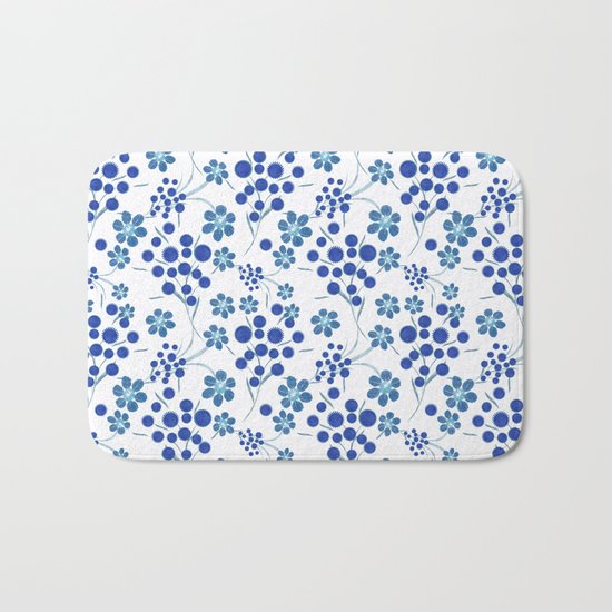Blue flowers on a white background. Bath Mat