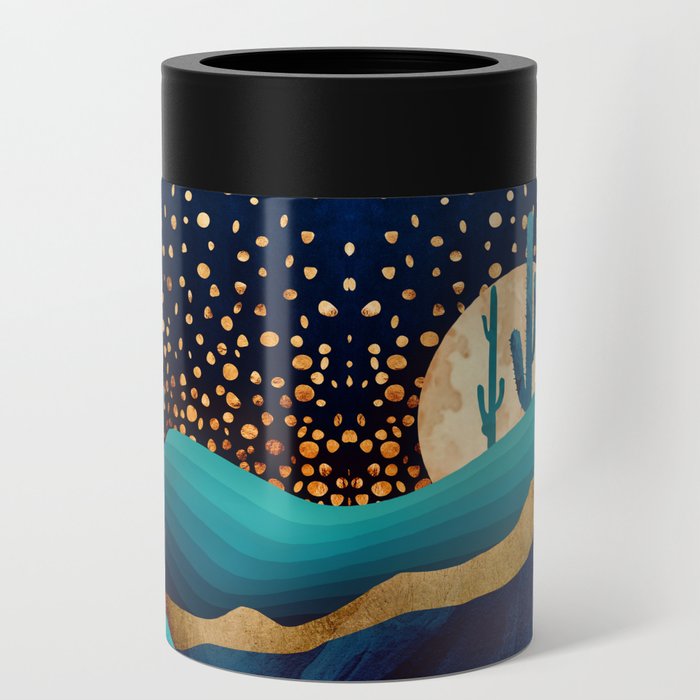 Indigo Desert Night Can Cooler | Graphic-design, Digital, Watercolor, Indigo, Desert, Landscape, Nature, Stars, Gold, Blue