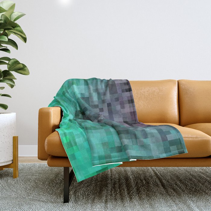 geometric pixel square pattern abstract background in green blue brown Throw Blanket