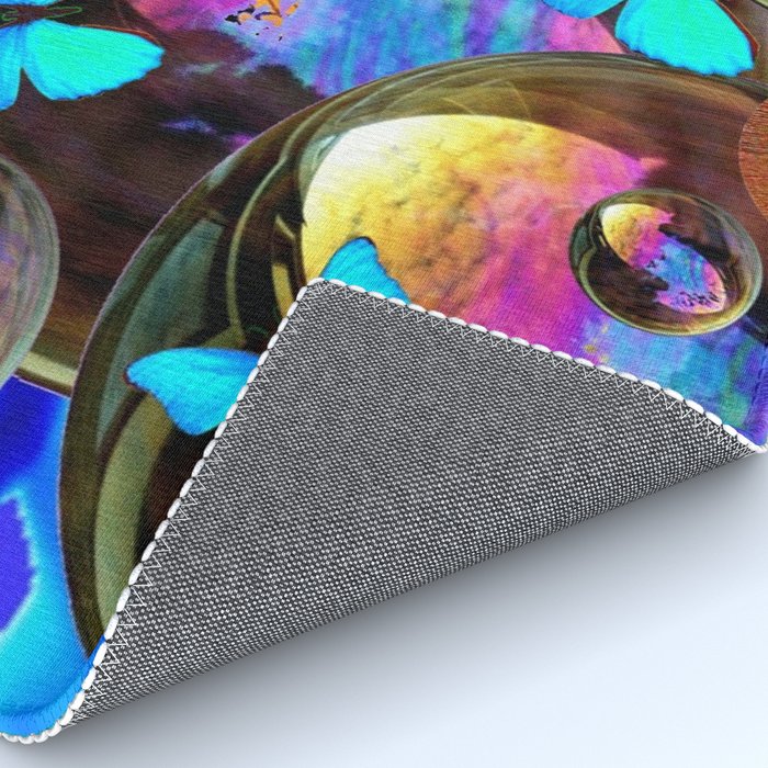 Surreal Neon Blue Butterflies Iridescent Soap Bubbles Peacock Eyes Rug By Sharlesart