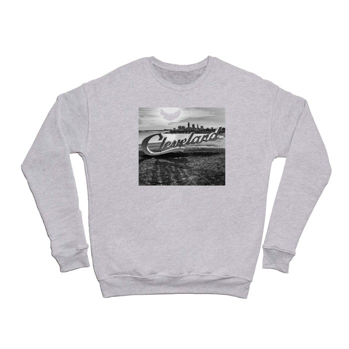 Cleveland Ohio Sign Lake Erie Skyline Black White Print Crewneck Sweatshirt