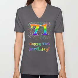 [ Thumbnail: 71st Birthday - Fun Rainbow Spectrum Gradient Pattern Text, Bursting Fireworks Inspired Background V Neck T Shirt V-Neck T-Shirt ]