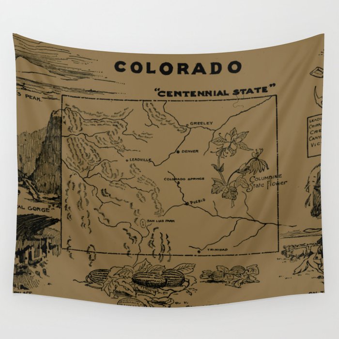 Vintage Map of Colorado (1912) - Tan Wall Tapestry by BravuraMedia 