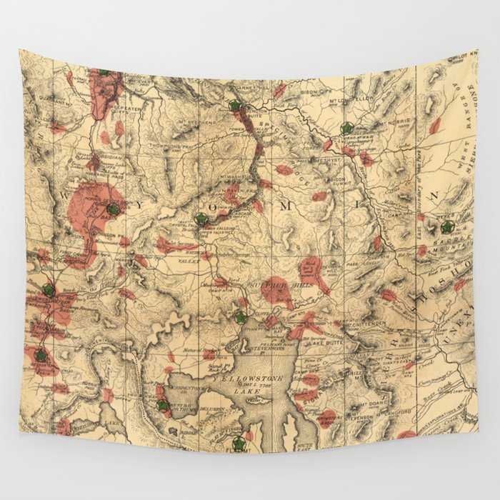 Vintage Map of Yellowstone National Park (1881) Wall Tapestry by 