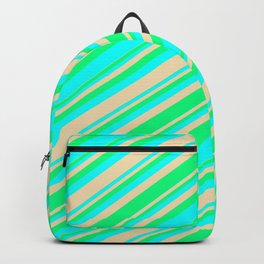 [ Thumbnail: Green, Aqua, and Tan Colored Stripes/Lines Pattern Backpack ]
