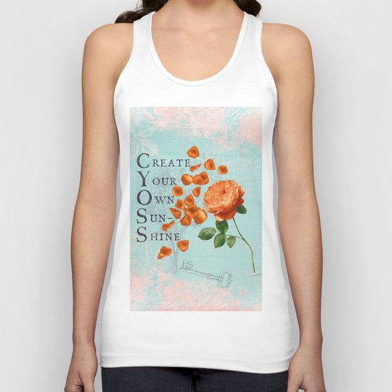 Sunshine- Quote with Rose Flower- Floral Collage and Wisdom on turquoise background Unisex Tank Top