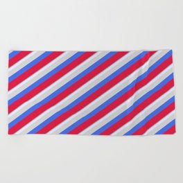 [ Thumbnail: Colorful Dark Gray, Lavender, Light Grey, Royal Blue, and Crimson Colored Stripes/Lines Pattern Beach Towel ]