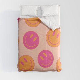 Large Pink and Orange Groovy Smiley Face Pattern - Retro Aesthetic  Comforter