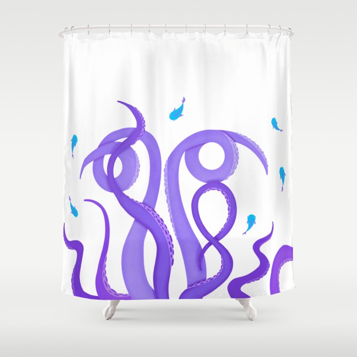 Violet tentacles of octopus among turquoise fish Shower Curtain