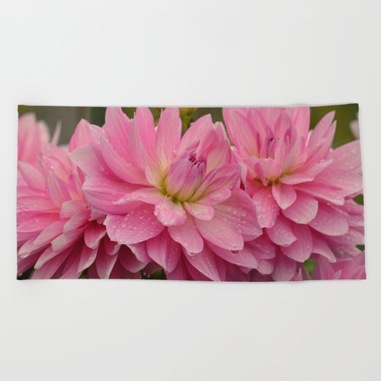 Fresh Rain Drops - Pink Dahlia Beach Towel