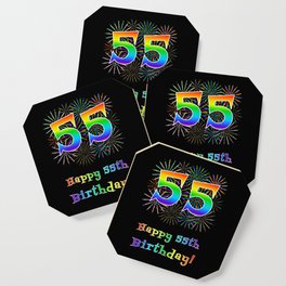[ Thumbnail: 55th Birthday - Fun Rainbow Spectrum Gradient Pattern Text, Bursting Fireworks Inspired Background Coaster ]