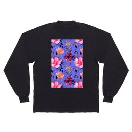 Multicolored Flowers on Blue Background  Long Sleeve T-shirt