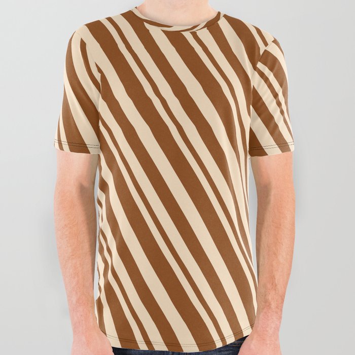 Bisque and Brown Colored Lines Pattern All Over Graphic Tee