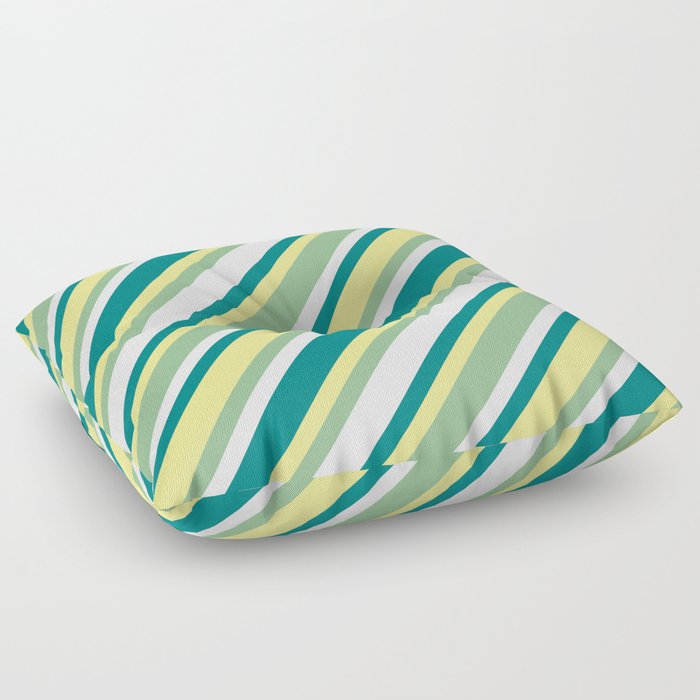 Tan, Dark Sea Green, Mint Cream & Teal Colored Lines/Stripes Pattern Floor Pillow