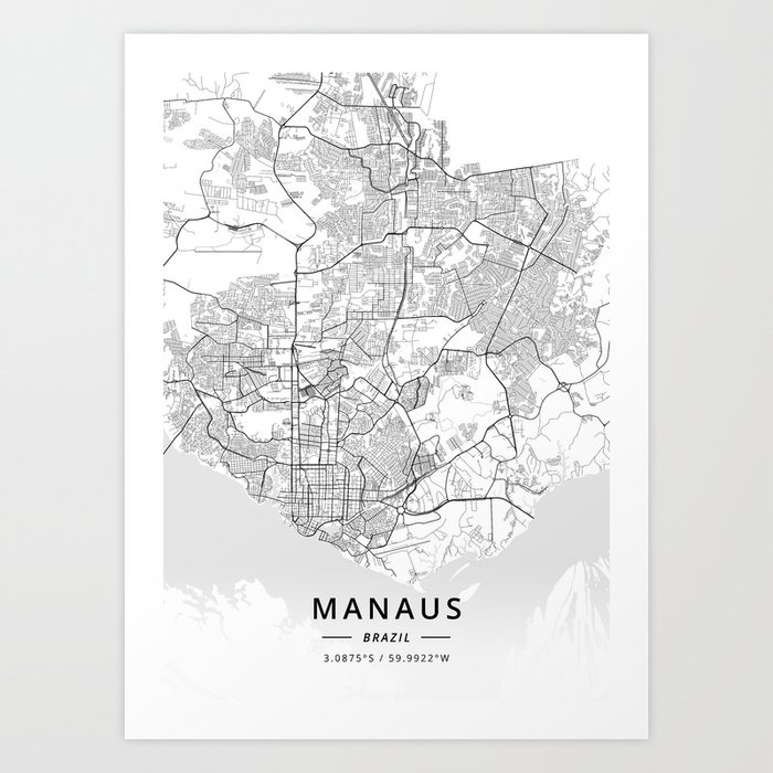 Manaus, Brazil - Light Map Art Print by designermapart | Society6