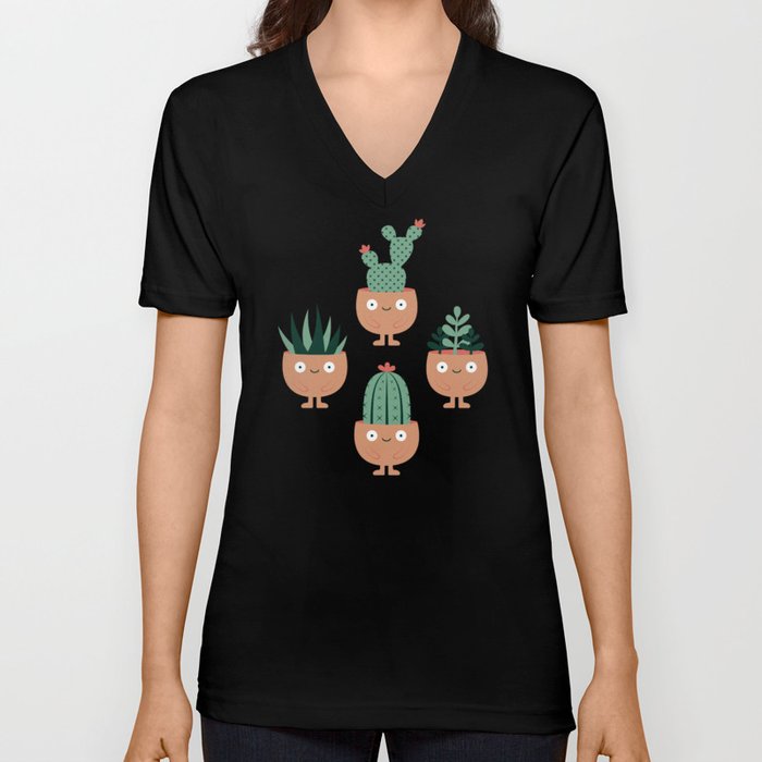 Cute terracotta pots with succulent hairstyles V Neck T Shirt