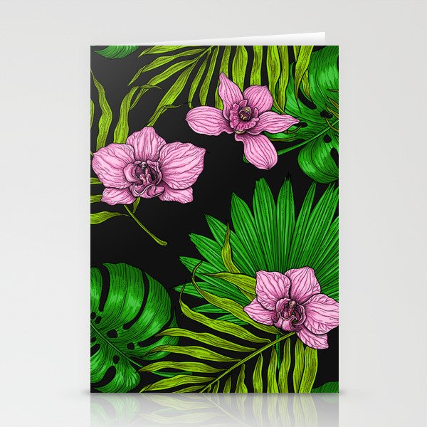 Orchids and palm leaves, pink and green Stationery Cards