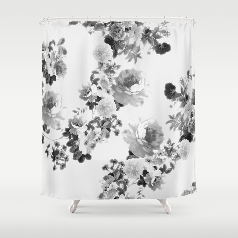 Modern Trendy Grey White Floral Pattern Shower Curtain By