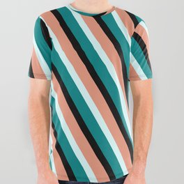 [ Thumbnail: Dark Salmon, Light Cyan, Teal & Black Colored Lined/Striped Pattern All Over Graphic Tee ]