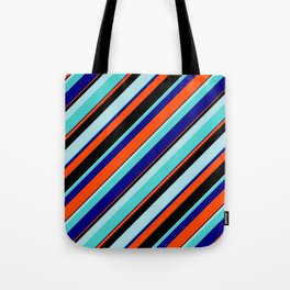 [ Thumbnail: Eye-catching Powder Blue, Turquoise, Blue, Red, and Black Colored Lined/Striped Pattern Tote Bag ]
